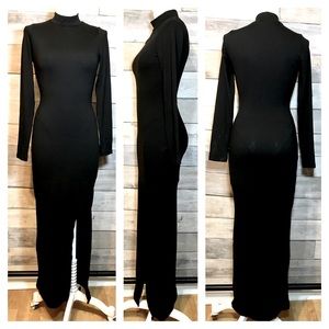 Black long sleeve mock neck side slit column maxi